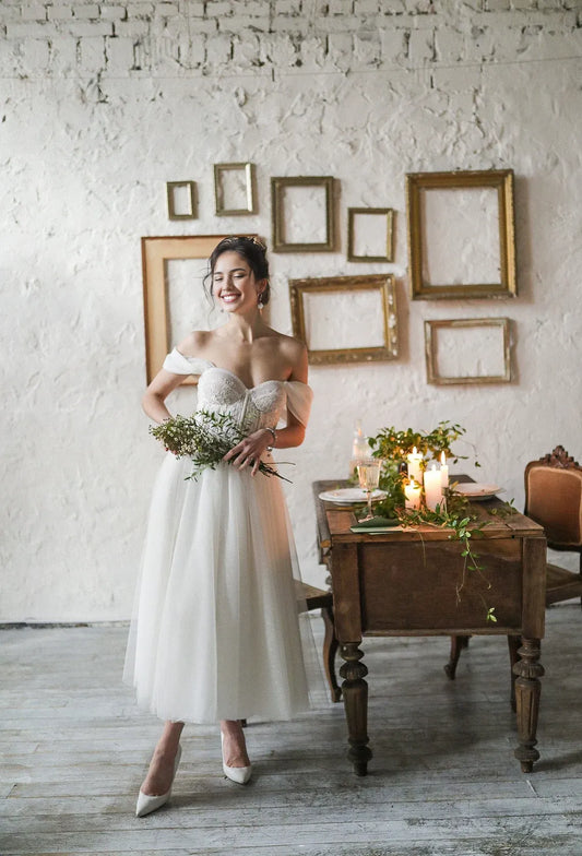 A-line Tulle Rustic Wedding Dress Embroidered Corset Dress Lace Cocktail Midi Gown Off Shoulder Bridal Dress