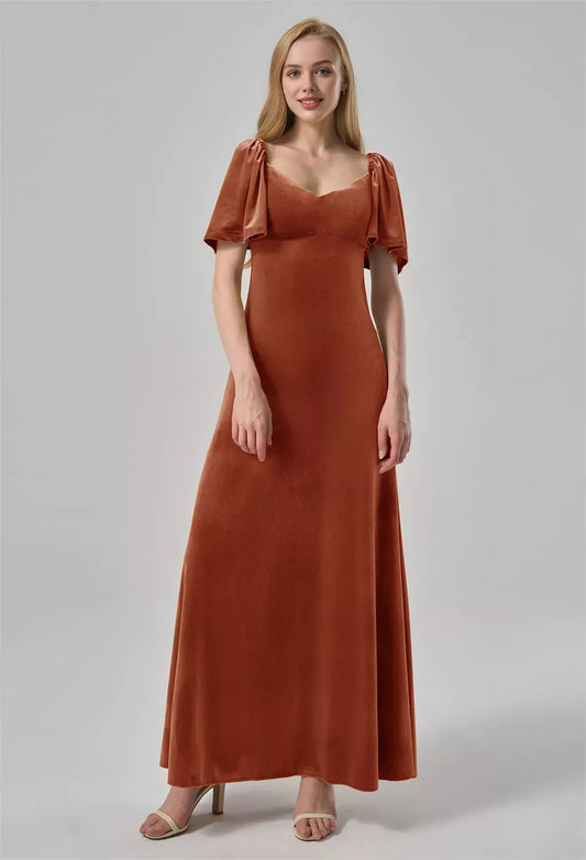 A-line V-Neck Ankle Length Short Sleeves Prom Dresses Velvet Chic Ruching With Sleeves Evening Dresses For Women