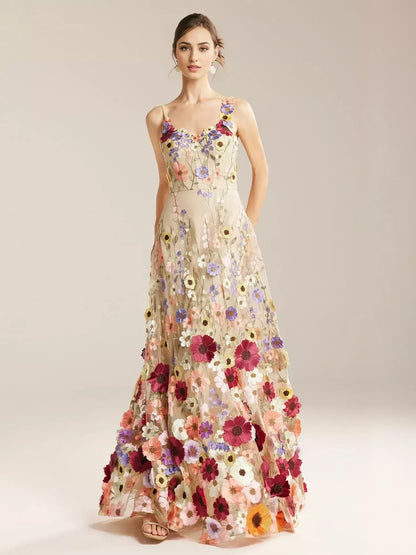 Romantic 3D‑Floral Tulle A‑Line Sweetheart V‑Neck Spaghetti‑Strap Sleeveless Pocket Floor‑Length Evening Dresses
