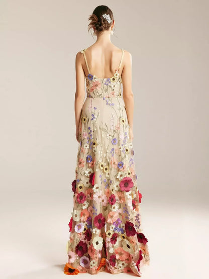 Romantic 3D‑Floral Tulle A‑Line Sweetheart V‑Neck Spaghetti‑Strap Sleeveless Pocket Floor‑Length Evening Dresses