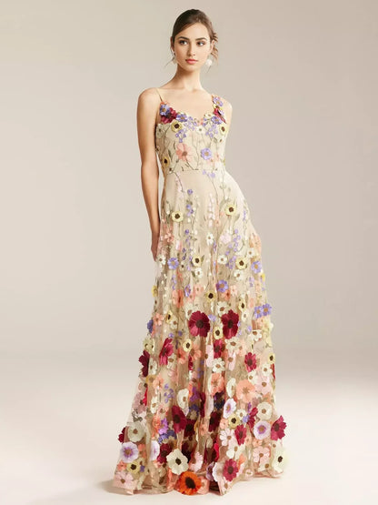 Romantic 3D‑Floral Tulle A‑Line Sweetheart V‑Neck Spaghetti‑Strap Sleeveless Pocket Floor‑Length Evening Dresses