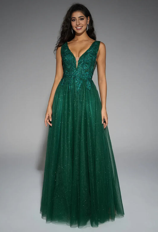 A-line V-Neck Regular Straps Floor Length Prom Dresses Tulle Sleeveless Applique Affordable Tulle Evening Dresses