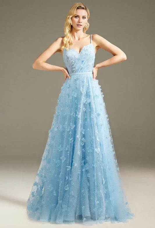 A-line V-Neck Spaghetti Straps Floor Length Evening Dresses Tulle Sleeveless 3D Floral Embroidered Affordable Strapless Prom Dresses