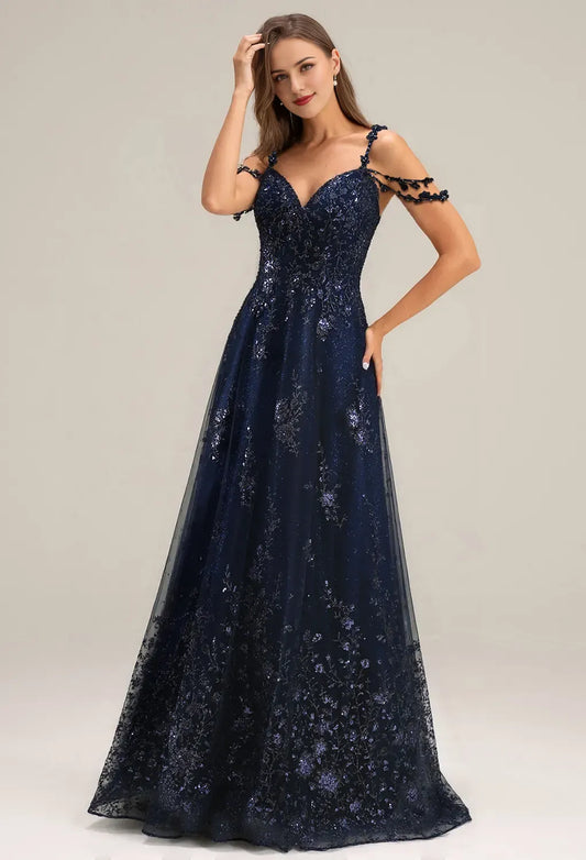 A-line V-Neck Spaghetti Straps Floor Length Evening Dresses Tulle Sleeveless Appliques Affordable Strapless Prom Dresses