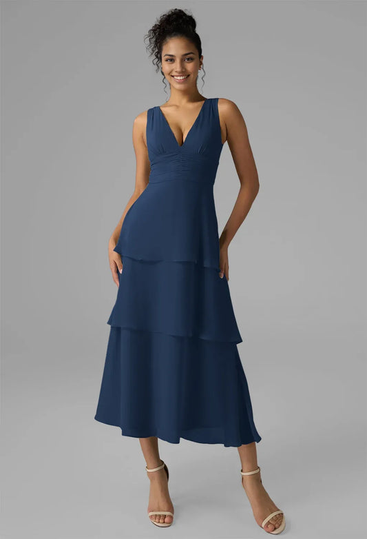A-line V-Neck Tea Length Short Sleeves Prom Dresses Chiffon Chic Tiered Affordable Prom Dresses For Ladies