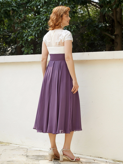 A-line V Neck Tea-Length Chiffon Appliqued Bodice Grape Mother of the Bride Dress