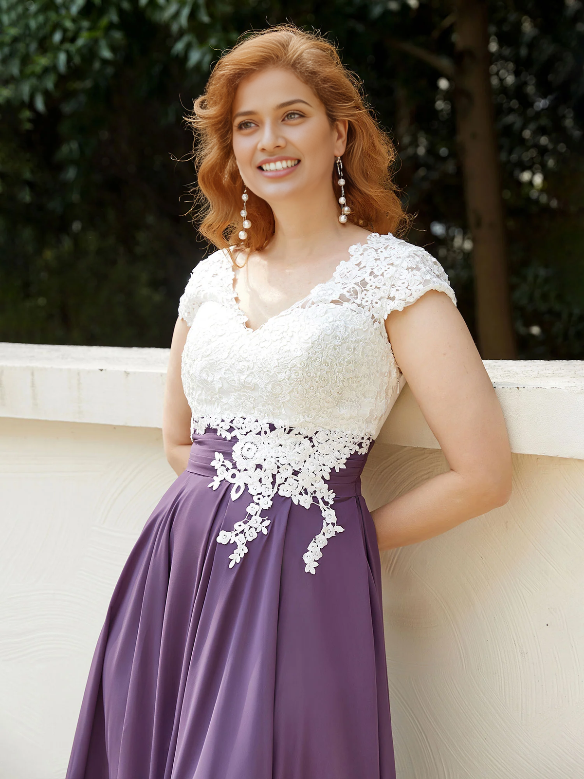A-line V Neck Tea-Length Chiffon Appliqued Bodice Grape Mother of the Bride Dress