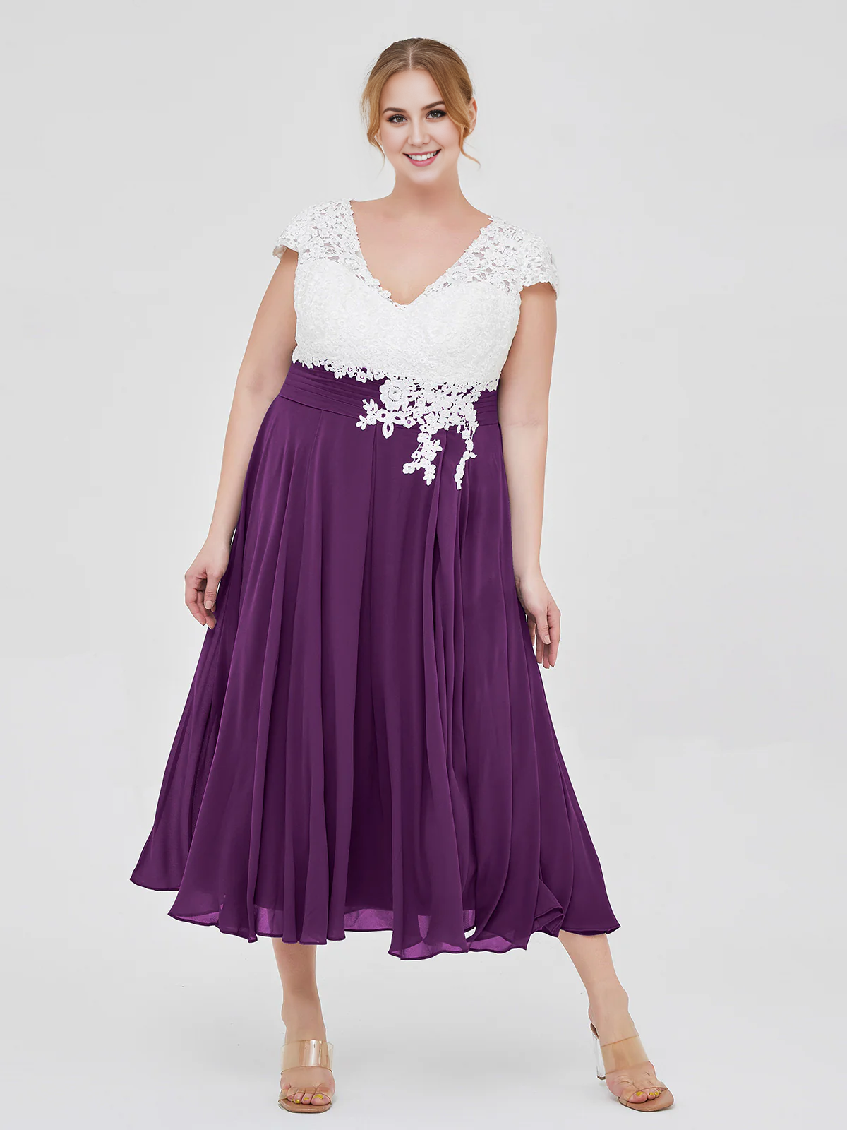 A-line V Neck Tea-Length Chiffon Appliqued Bodice Grape Mother of the Bride Dress