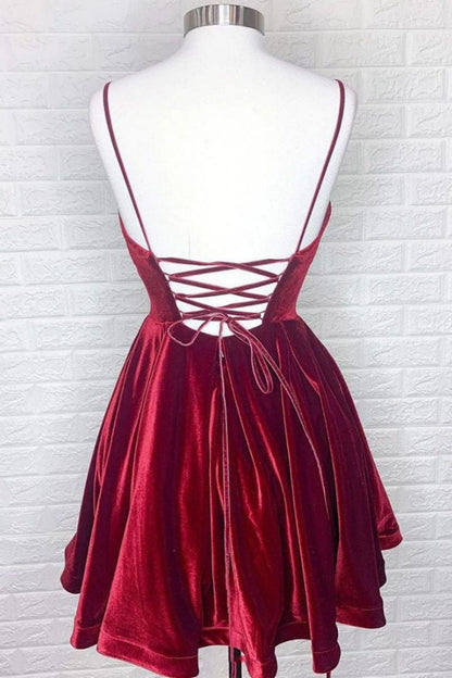 A-line Velvet Burgundy Spaghetti Straps Homecoming Dress