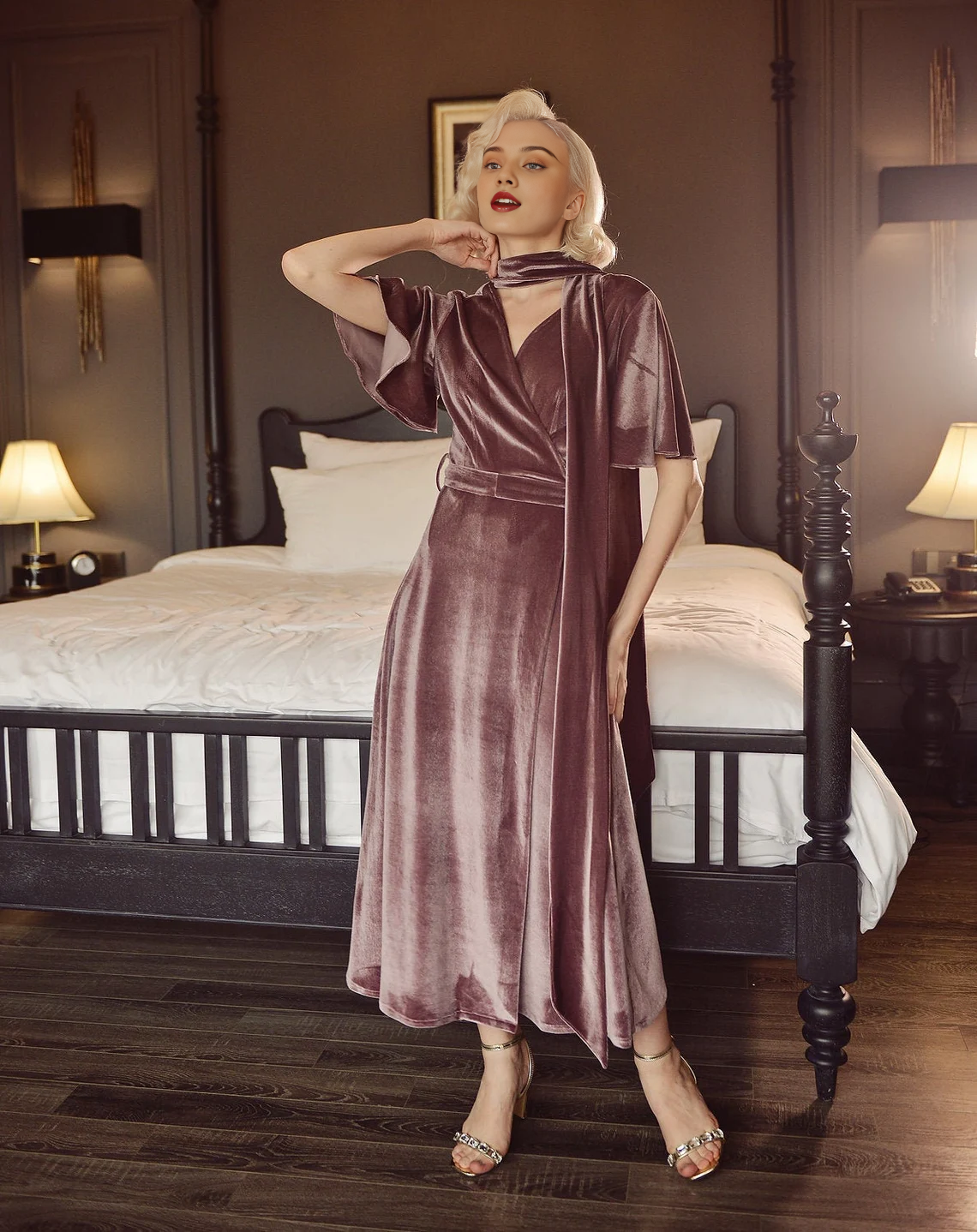A-line Velvet Short Sleeves V Neck Elegant Ankle Length Bridesmaid Prom Dress
