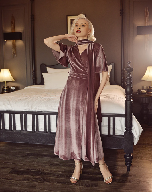 A-line Velvet Short Sleeves V Neck Elegant Ankle Length Bridesmaid Prom Dress