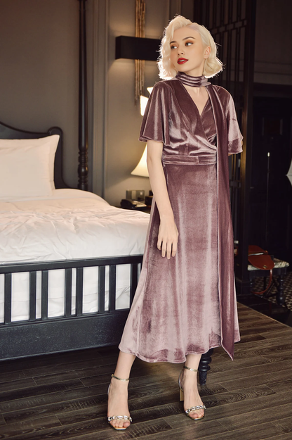 A-line Velvet Short Sleeves V Neck Elegant Ankle Length Bridesmaid Prom Dress
