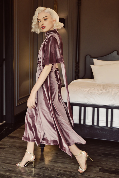 A-line Velvet Short Sleeves V Neck Elegant Ankle Length Bridesmaid Prom Dress