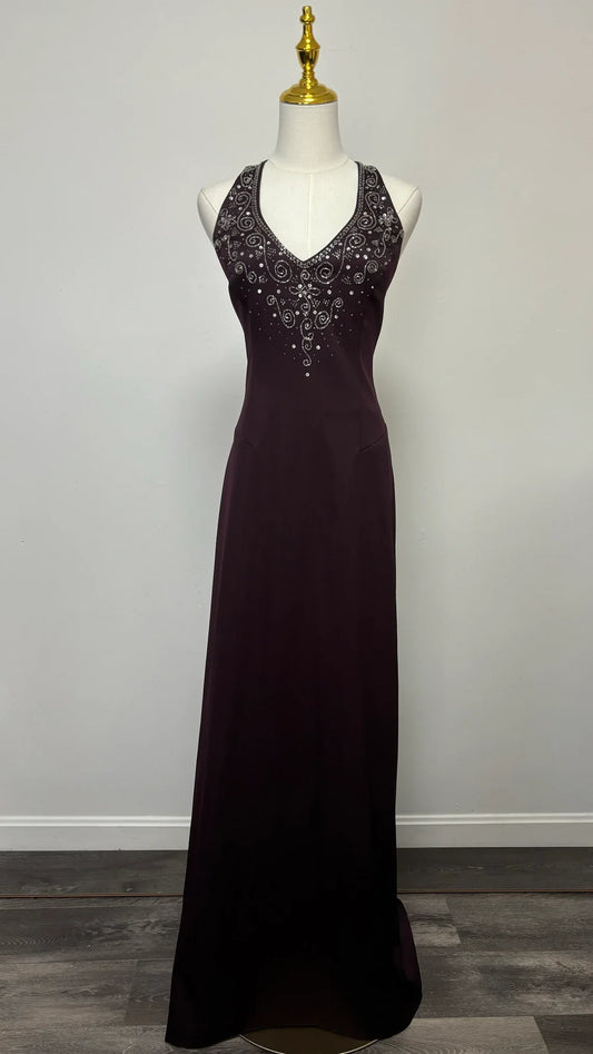 A-line Vintage Dark Purple Beaded Halter Sleeveless Floor Length Prom Dress