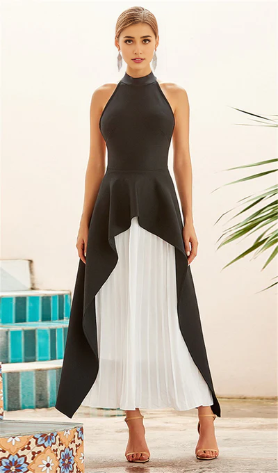 A-line Semi High Collar With No Sleeves Backless Prom Dress