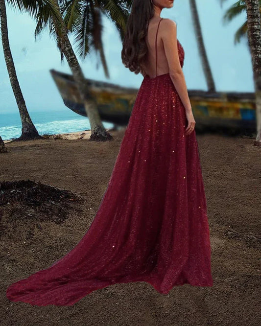 A-line Spaghetti Straps Deep V Neck Backless Prom Dress