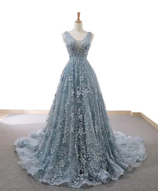 A-line Tulle Lace Long Applique Prom Dress With Train