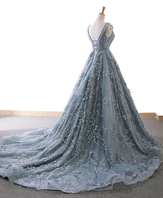 A-line Tulle Lace Long Applique Prom Dress With Train