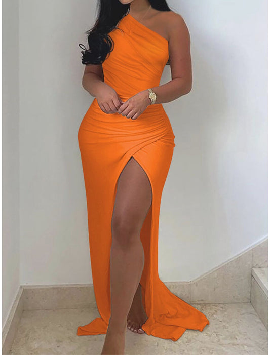 Women's Party Dress Wedding Guest Dress Bodycon Long Dress Maxi Dress Orange Sleeveless Pure Color Ruched Spring Fall Winter One Shoulder Fashion Winter Dress Wedding Guest Evening Party