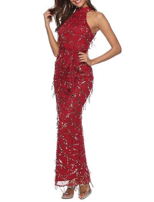 Women's Sequin Dress Fringe Dress Prom Dress Long Dress Maxi Dress Burgundy Sleeveless Plain Sequins Summer Spring Fall Halter Neck Red Valentines Dress Valentine's Day Wedding Guest Evening Party