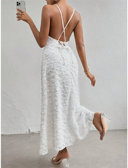 Women's Prom Dress Party Dress Feather Dress Long Dress Maxi Dress White Sleeveless Plain Backless Summer Spring Fall Spaghetti Strap Elegant Wedding Guest Birthday Evening Party
