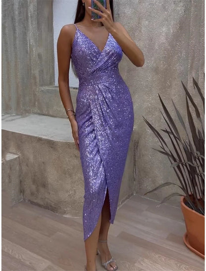 Women's Black Sequin Dress Prom Dress Party Dress Sparkly Dress Long Dress Maxi Dress Black Purple Sleeveless Sparkly Glitter Summer Spring Fall Spaghetti Strap Fashion Winter Dress Wedding
