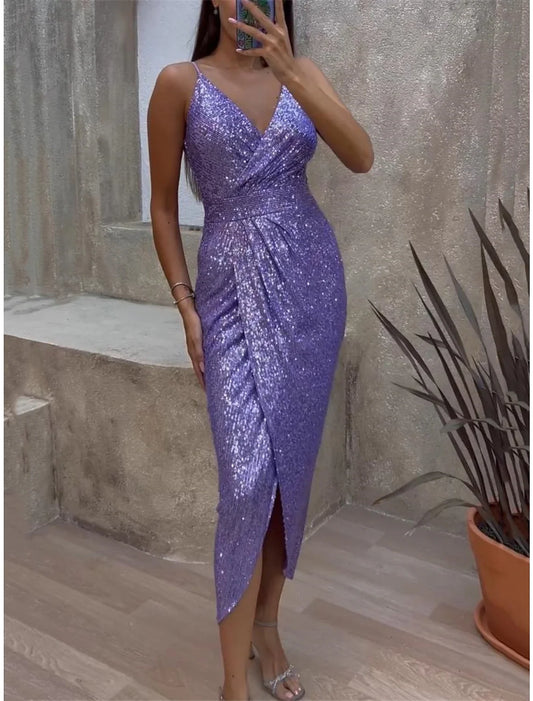 Women's Black Sequin Dress Prom Dress Party Dress Sparkly Dress Long Dress Maxi Dress Black Purple Sleeveless Sparkly Glitter Summer Spring Fall Spaghetti Strap Fashion Winter Dress Wedding