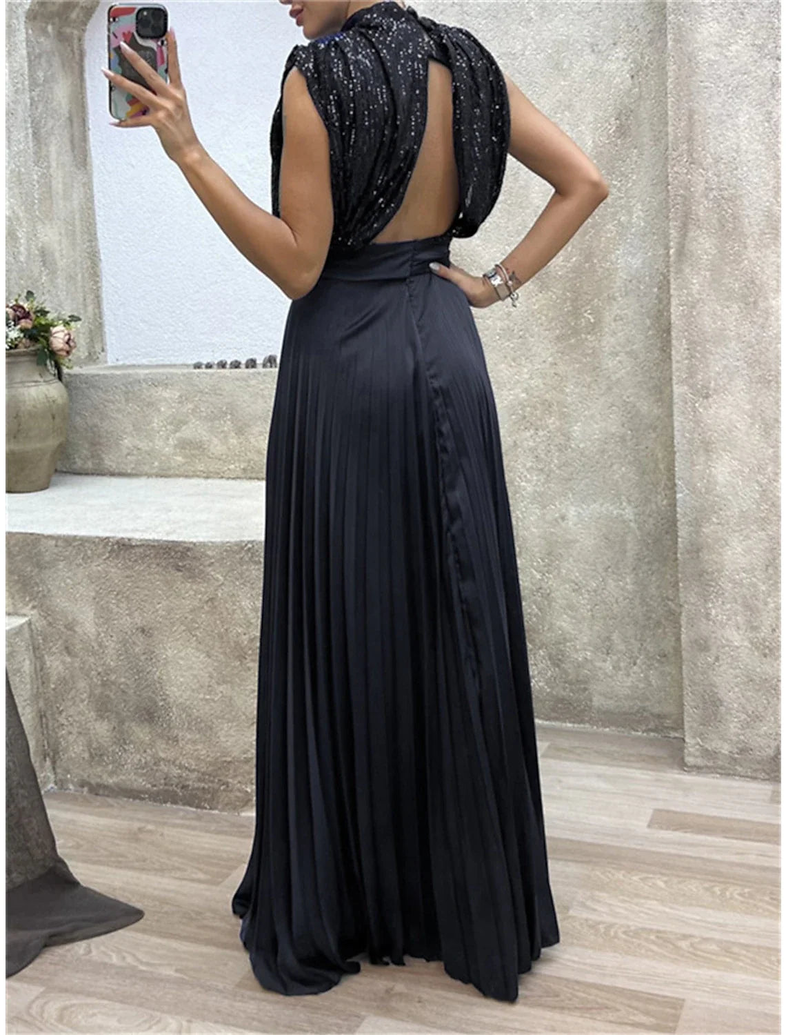 Elegant Sequin‑Bodice Satin A‑Line High‑Neck Cap‑Sleeve Open‑Back Bow‑Waist Pleated Floor‑Length Evening Dresses
