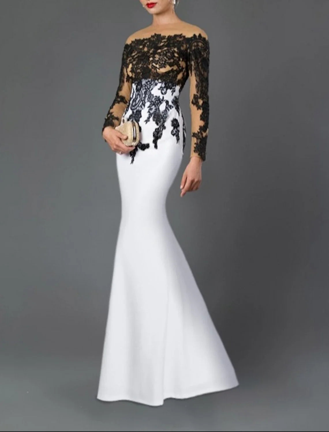 Mermaid / Trumpet Evening Gown Elegant Dress Wedding Guest Floor Length 3/4 Length Sleeve Jewel Neck Stretch Crepe with Appliques
