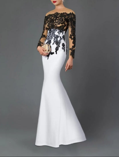 Mermaid / Trumpet Evening Gown Elegant Dress Wedding Guest Floor Length 3/4 Length Sleeve Jewel Neck Stretch Crepe with Appliques