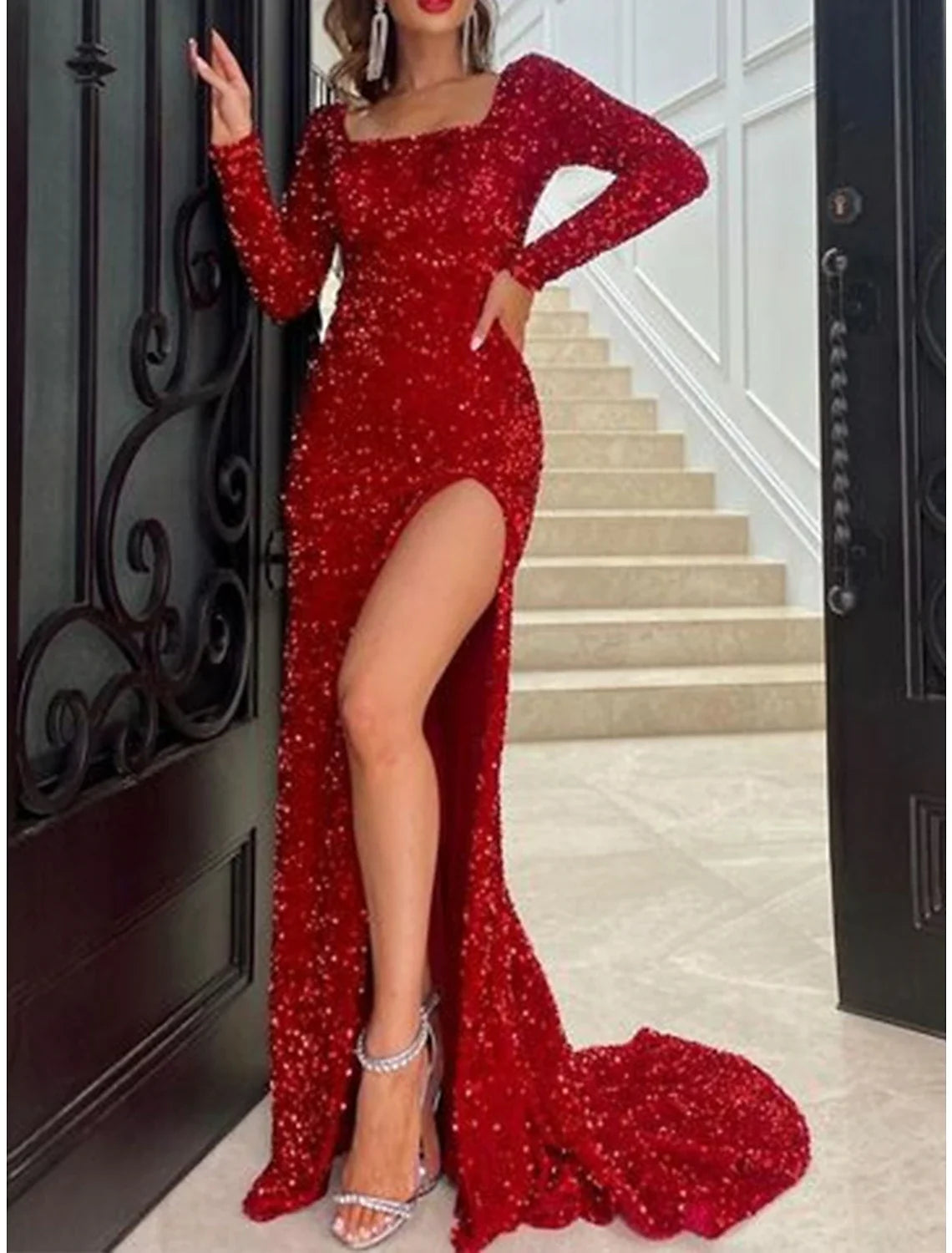 Women's Red Christmas Party Dress New Year's Eve Dress Sparkly Sequin Dress Long Dress Red Long Sleeve Sequins Square Neck Winter Dress