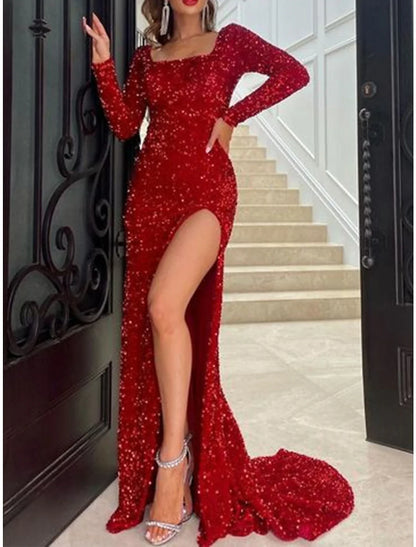 Women's Red Christmas Party Dress New Year's Eve Dress Sparkly Sequin Dress Long Dress Red Long Sleeve Sequins Square Neck Winter Dress
