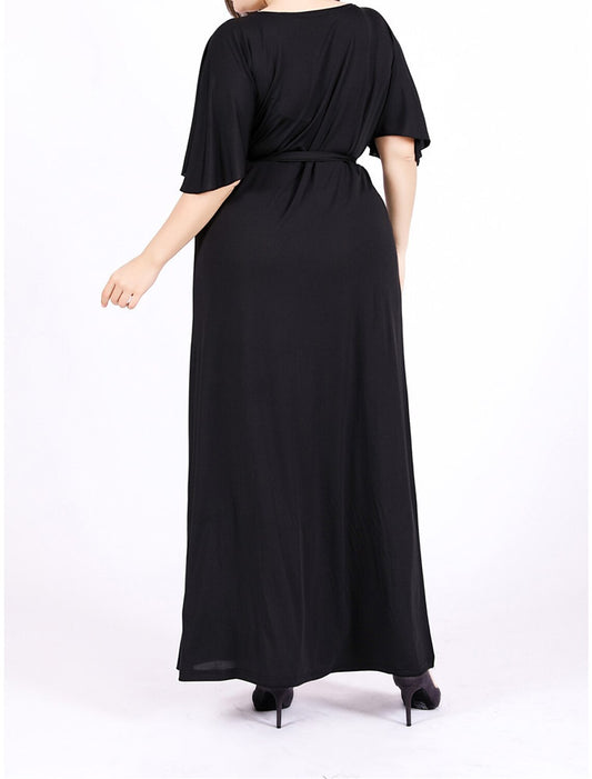 Women's Plus Size Black Dress Prom Dress Party Dress Long Dress Maxi Dress Black Short Sleeve Plain Lace up Summer Spring Fall V Neck Elegant Wedding Guest Birthday Evening Party