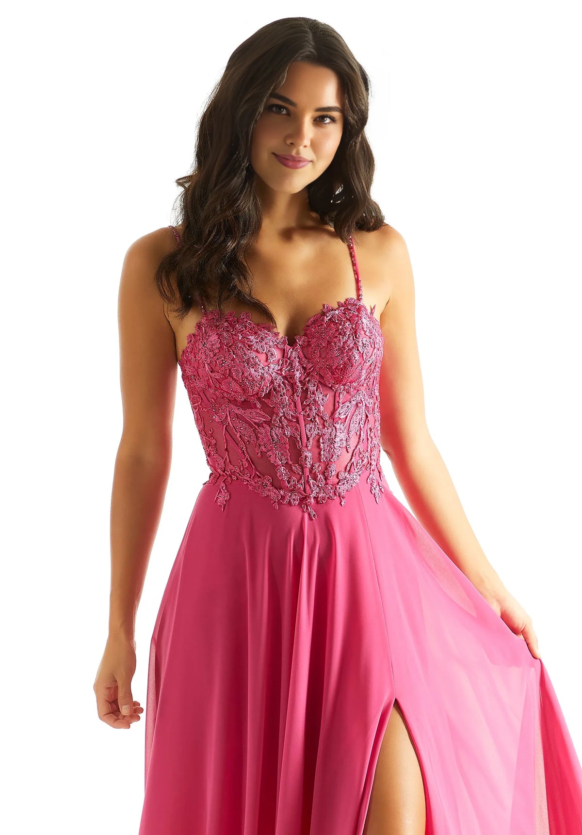 A Line Evening Prom Dress Chiffon Spaghetti Strap Sweep/Brush Train With Hight Slit Evening Dress
