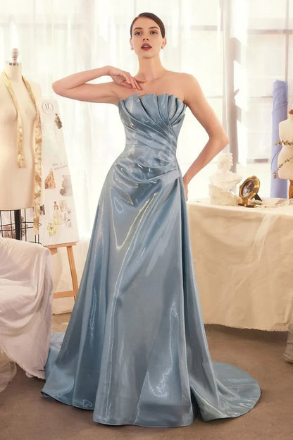 A Line Long Formal Pleated Prom Dress Strapless Smoky Blue Sweep/Brush Train Elegant Evening Dress