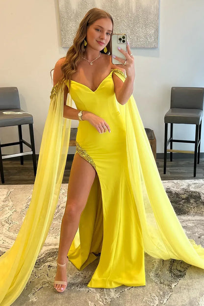 A Line Off the Shoulder V Neck Long Fairy Sleeve Prom Dress With Slit