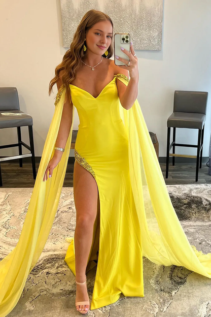A Line Off the Shoulder V Neck Long Fairy Sleeve Prom Dress With Slit