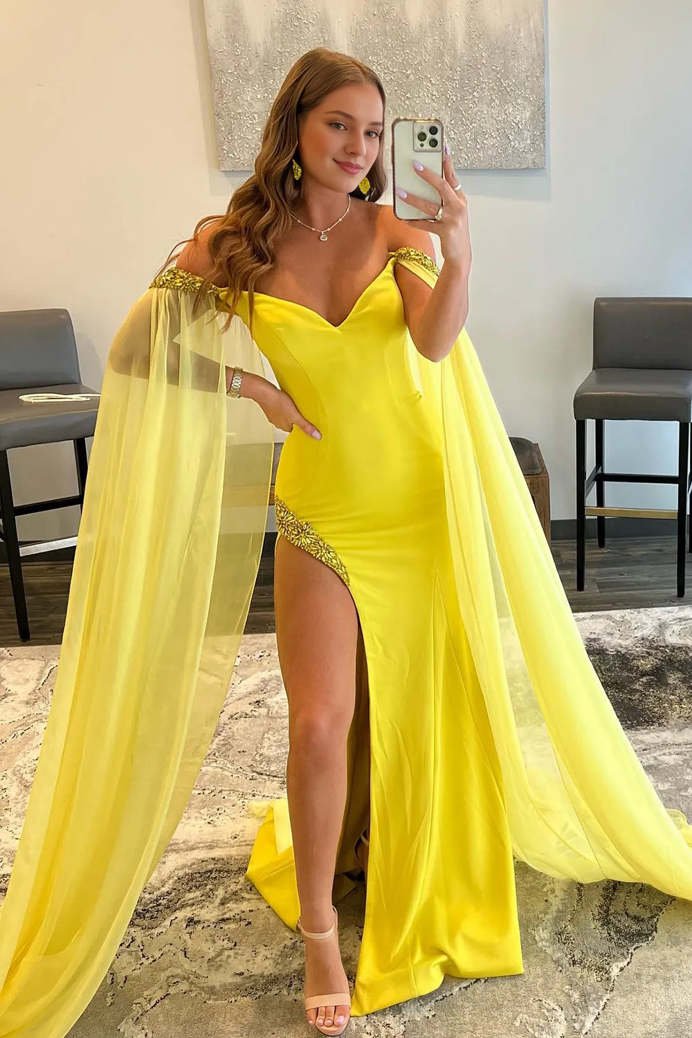 A Line Off the Shoulder V Neck Long Fairy Sleeve Prom Dress With Slit