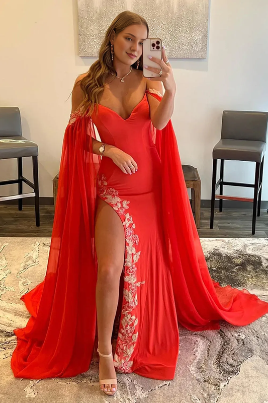 A Line Off the Shoulder V Neck Long Fairy Sleeve Prom Dress With Slit