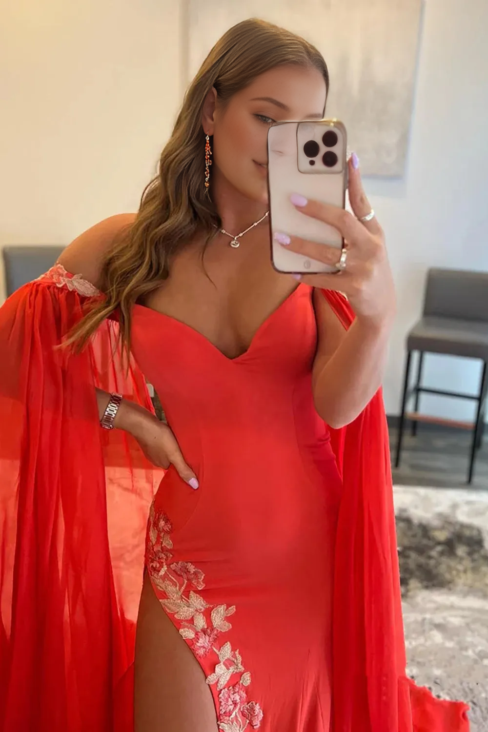 A Line Off the Shoulder V Neck Long Fairy Sleeve Prom Dress With Slit