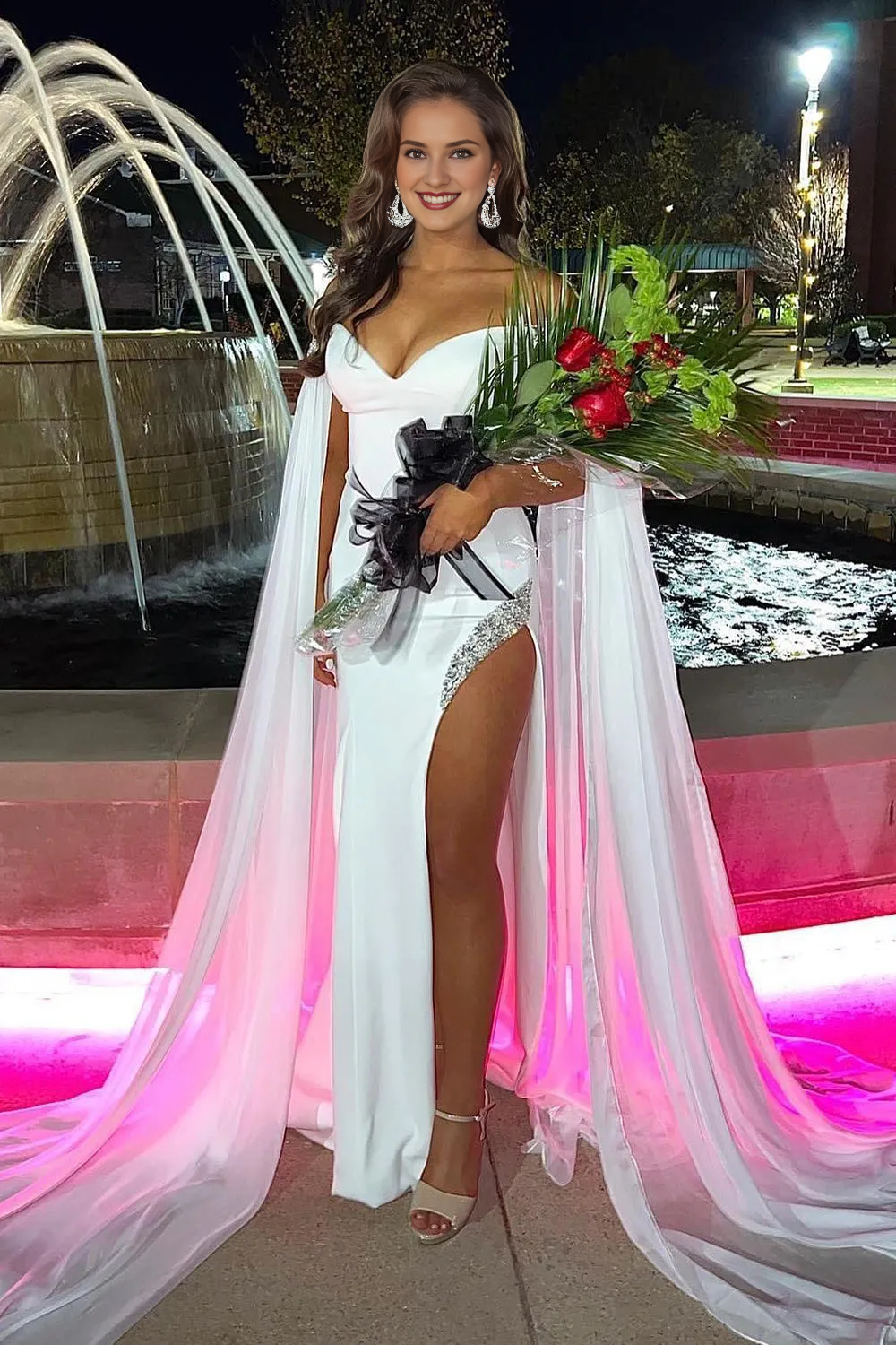 A Line Off the Shoulder V Neck Long Fairy Sleeve Prom Dress With Slit
