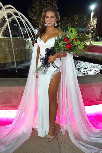 A Line Off the Shoulder V Neck Long Fairy Sleeve Prom Dress With Slit