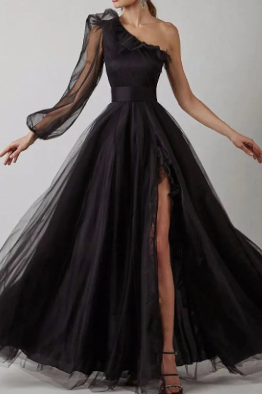 A Line One Shoulder Black Slit Floor Length Prom Dress with Long Sleeves