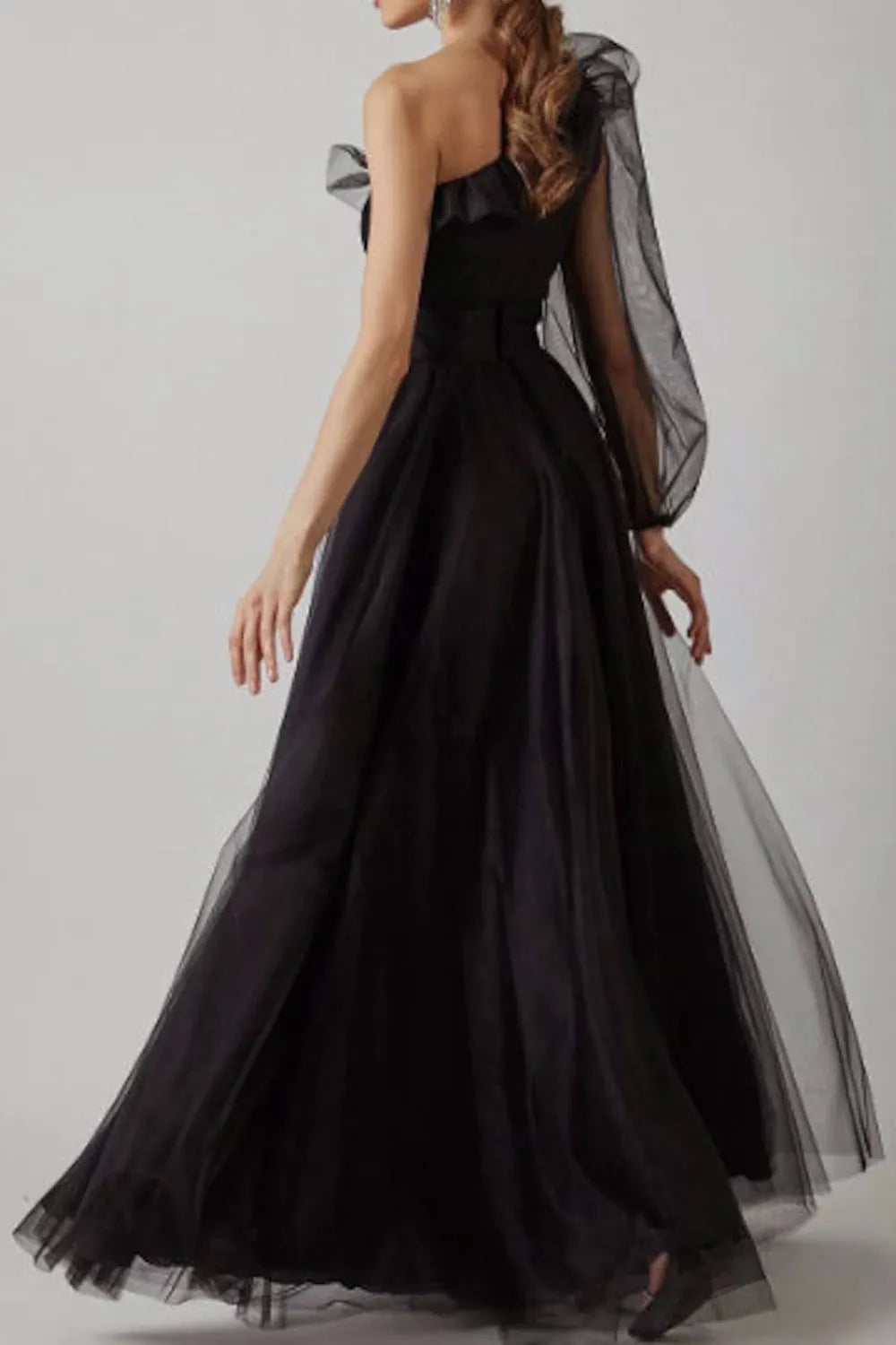 A Line One Shoulder Black Slit Floor Length Prom Dress with Long Sleeves