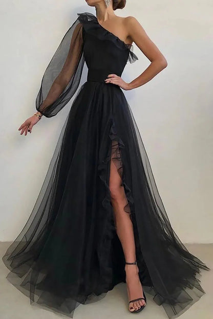 A Line One Shoulder Black Slit Floor Length Prom Dress with Long Sleeves