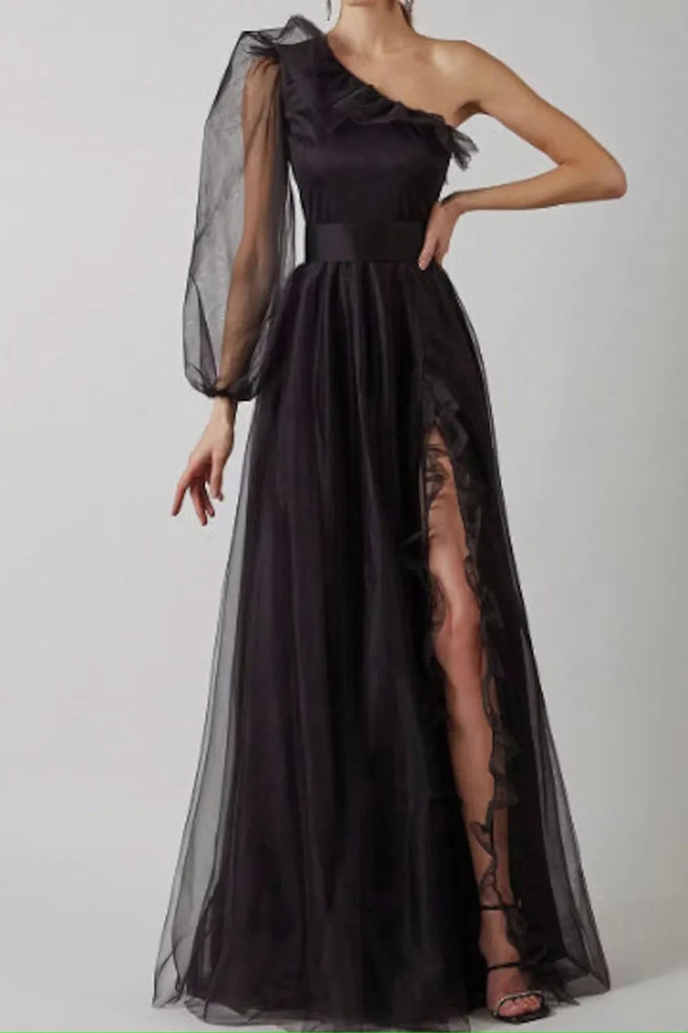 A Line One Shoulder Black Slit Floor Length Prom Dress with Long Sleeves