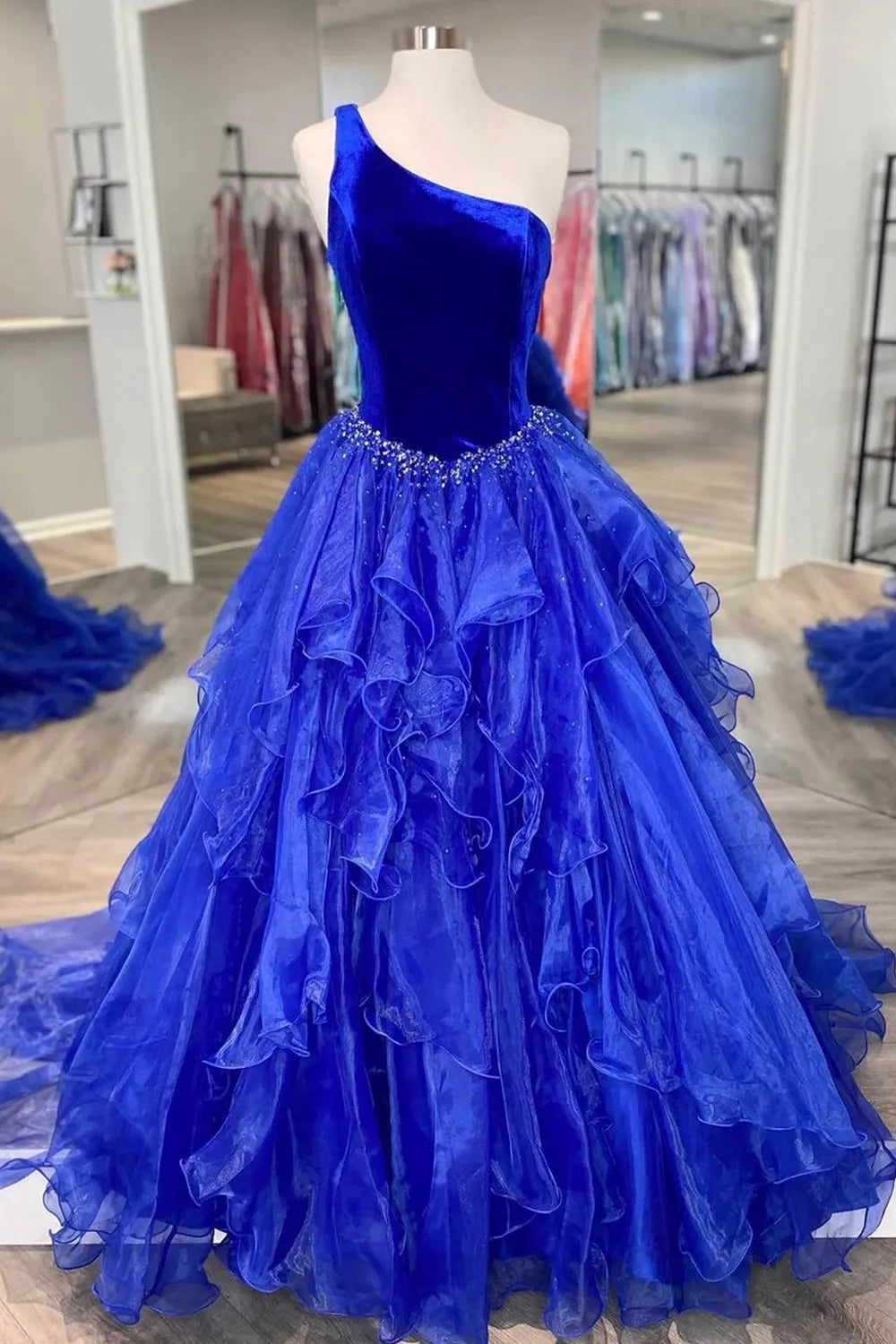 A Line One Shoulder Multi Layer Royal Blue Long Prom Dress with Beading