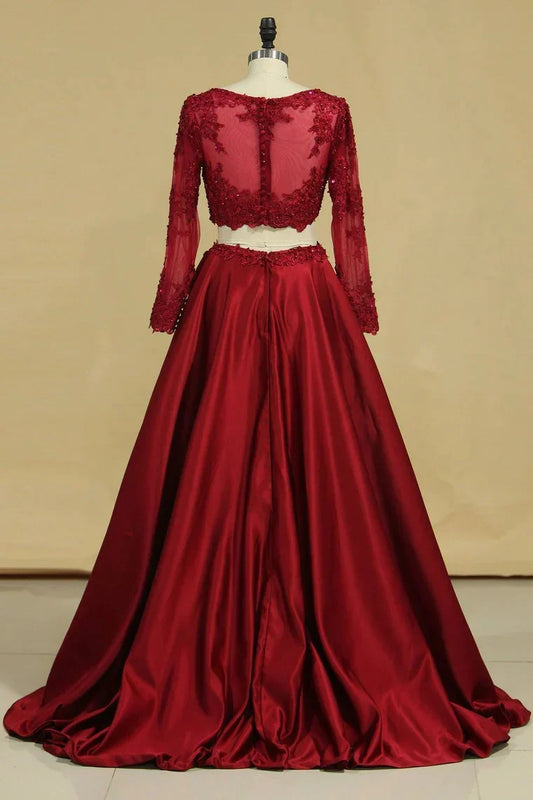 A Line Satin Lace Applique Burgundy Long Sleeves Two-Piece Prom Party Dresses ﻿