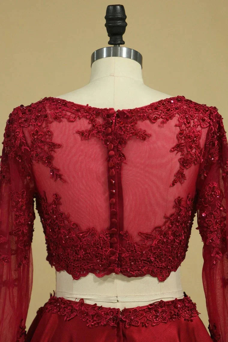 A Line Satin Lace Applique Burgundy Long Sleeves Two-Piece Prom Party Dresses ﻿