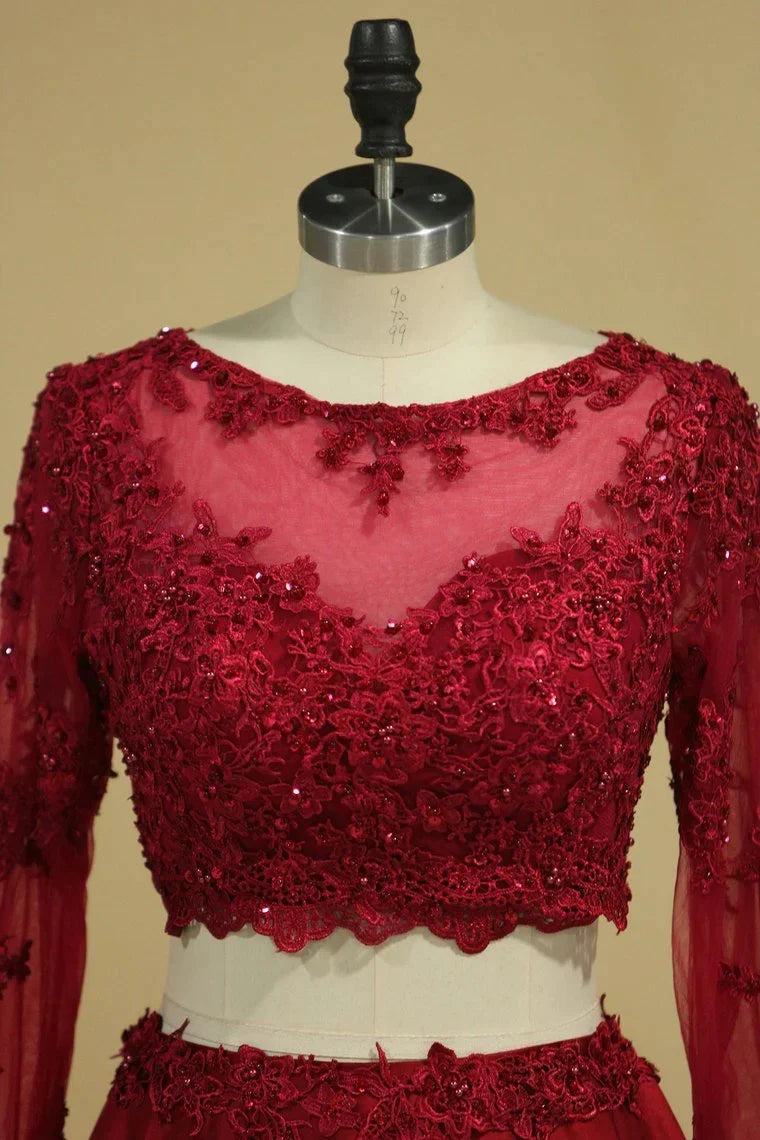 A Line Satin Lace Applique Burgundy Long Sleeves Two-Piece Prom Party Dresses ﻿